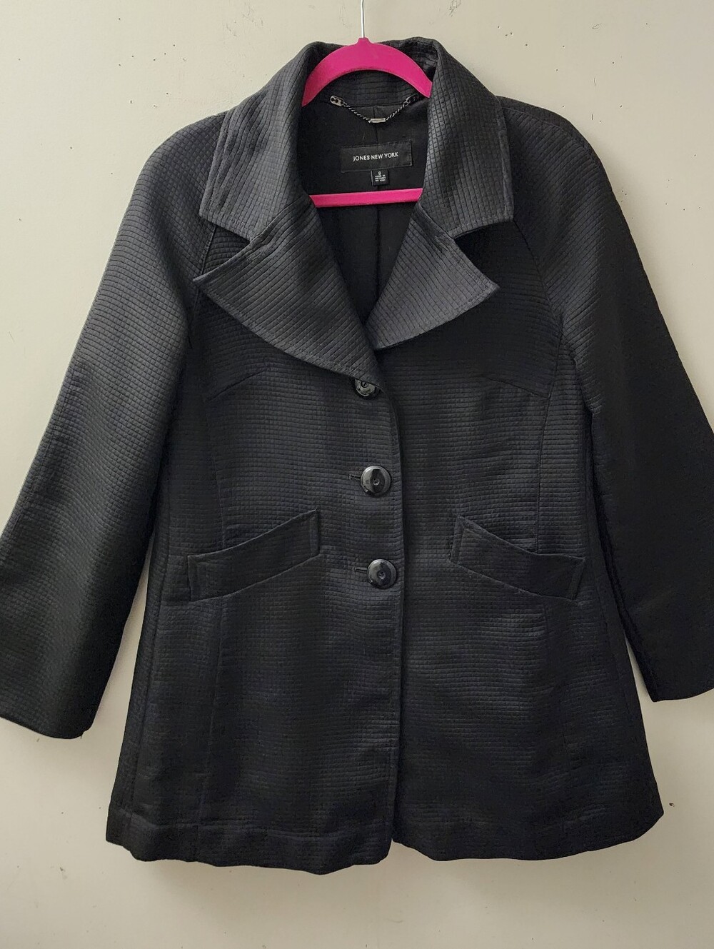 Jones New York Black Waffle Windowpane Textured Trench Coat Jacket S